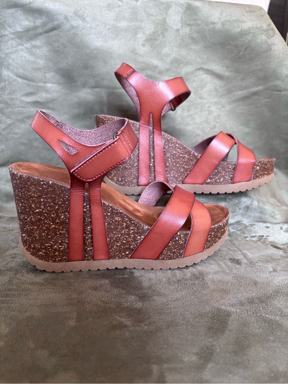 BJORNDAL Cognac Leather Strappy Cork Wedge Sandals Adjustable Ankle Straps SZ 7 - Picture 6 of 16
